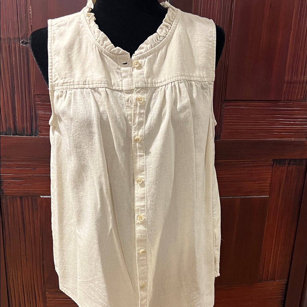 Sonoma Cream Ruffle-Neck Sleeveless Button Front Top, linen blend, L